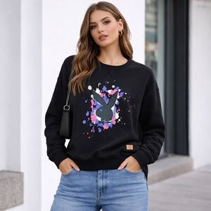 Playboy Jeans Y2K Graphic Sweatshirt Black Bunny Logo Paint Splatter XXL Unisex